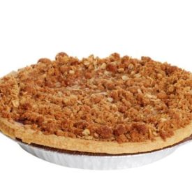 Baked apple pie with golden crumble topping in a silver aluminum pie baking sheet.