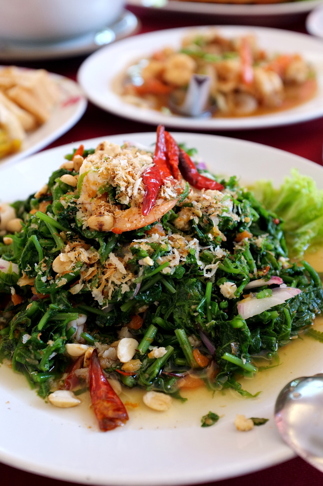 Spicy shrimp with spinach on a dish