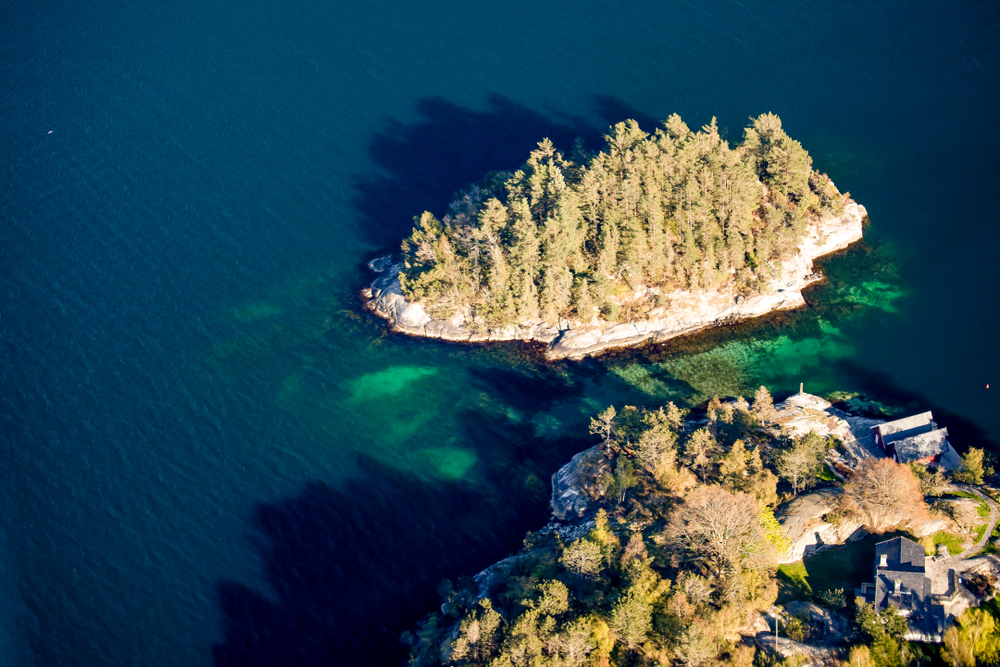 Aerial view of an island in Thousand Islands, Ontario, Canada.