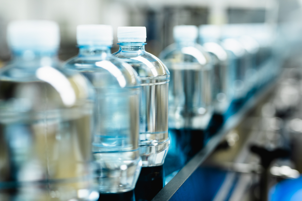 Plastic water bottles in production line
