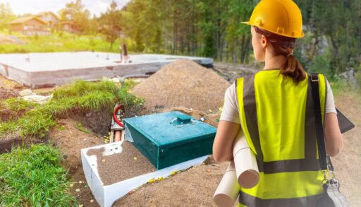 Woman watching septic tank construction site