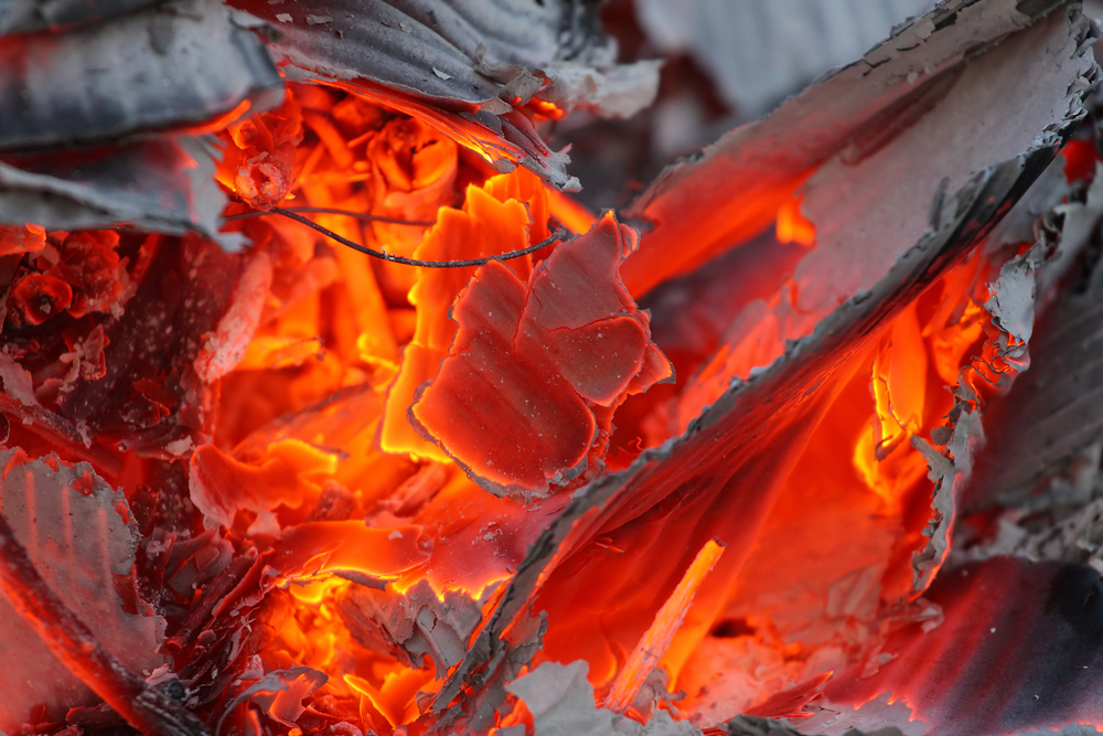 Close-up of burning paper waste.