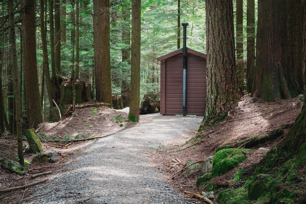 Pathway leading to an outhouse in a thickly-wooded area.