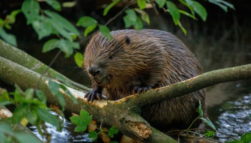 Beaver in the forest chewing a tree branch.