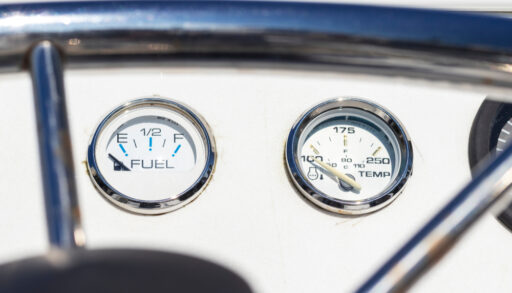 Close-up of the fuel gauge on a boat.