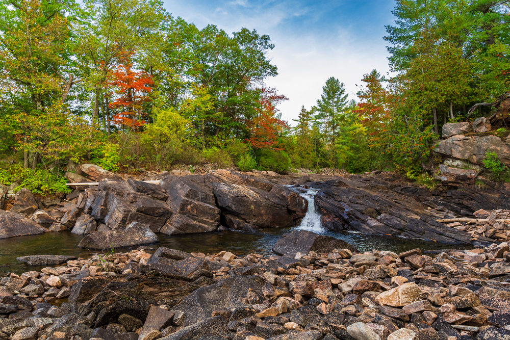 Elliot Falls, Norland, Ontario surrounded by green trees.