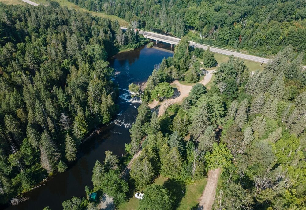 Aerial view of Gooderham Falls, Ontario near the Irondale River.
