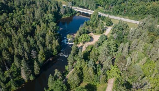 Aerial view of Gooderham Falls, Ontario near the Irondale River.