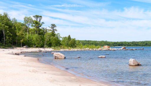 View of Georgian Bay in Awenda Provincial Park, Ontario on a sunny day.