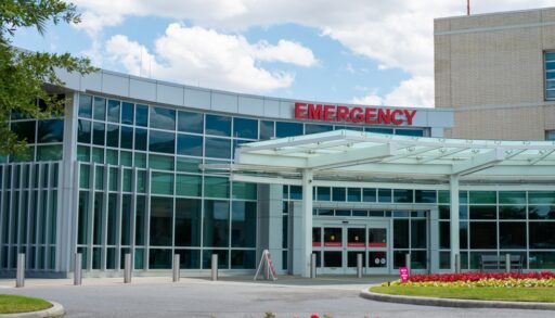 Red emergency sign on a glass hospital building.