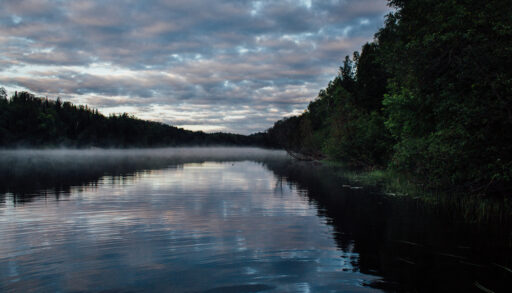 Photo of the Spanish River, Ontario on a cloudy, misty day.