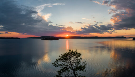 Aerial view of Lake Temagami, Ontario at sunset.