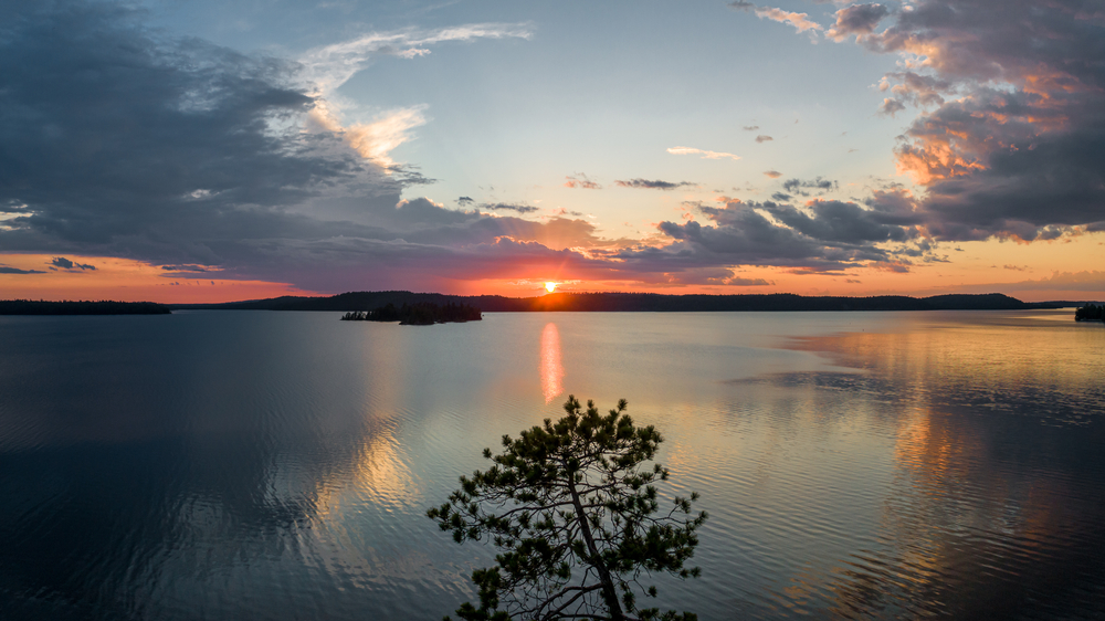 Aerial view of Lake Temagami, Ontario at sunset.
