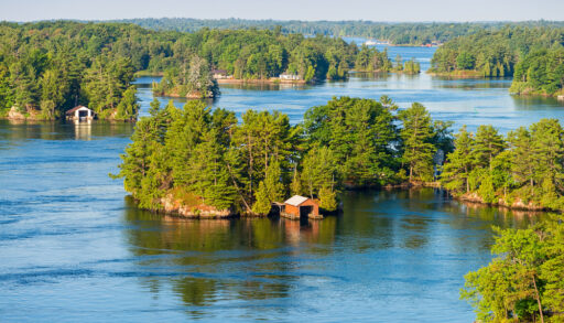 Aerial view of boathouses in Thousand Island, Ontario.