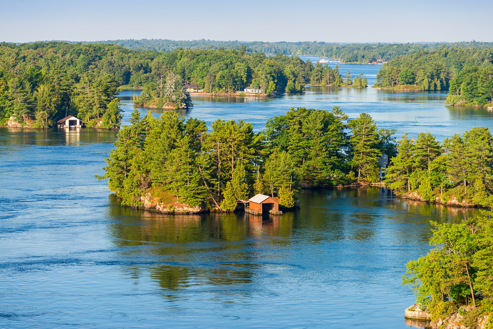 Aerial view of boathouses in Thousand Island, Ontario.
