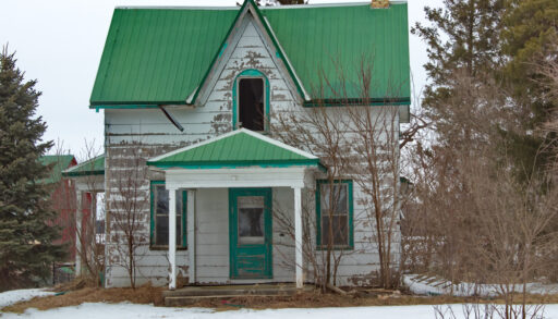 Abandoned cottage with a green roof.
