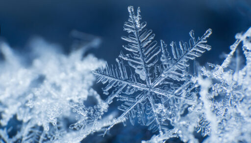 Close-up of a snowflake on a blue background.