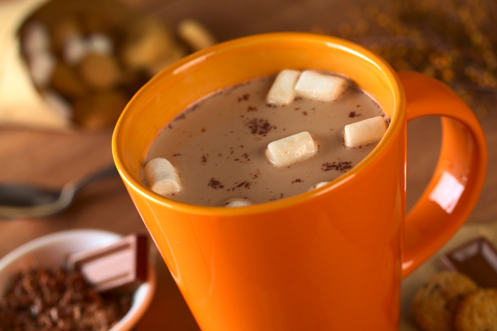 Hot chocolate with marshmallows in orange cup surrounded by chocolate and cookies