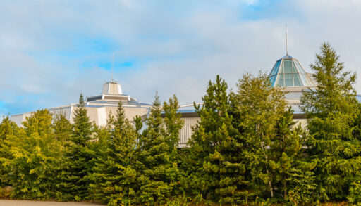 View of Science North, Sudbury behind pine trees.