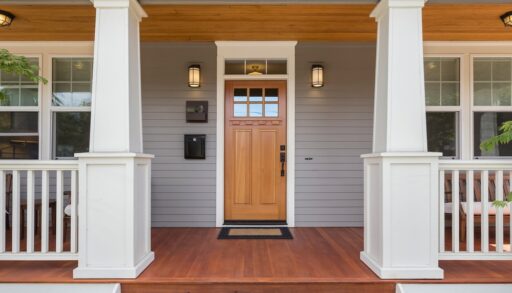 Front view of a wooden door with a white and wood porch.