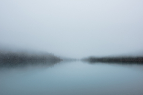 Foggy lake with trees covered in mist.