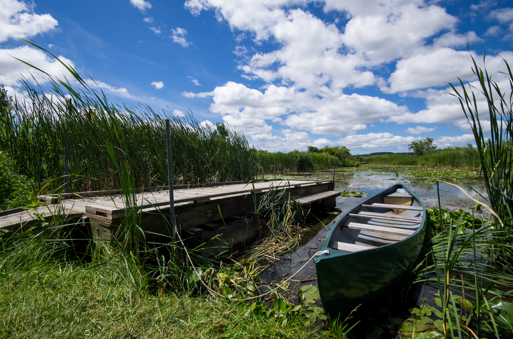 Canoe next to a wooden dock on the Wye Marsh, Midland, Ontario.