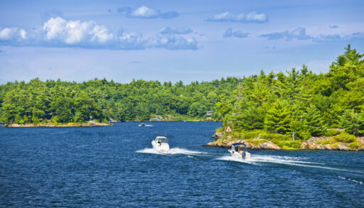 Recreational boats on blue waters of Georgian Bay near Parry Sound, Ontario Canada