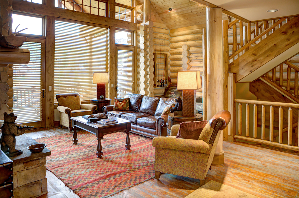 Driggs, Idaho, USA Oct. 27, 2014 A luxurious living room, with comfortable furnishings, in a modern log cabin in the mountains, staging for selling