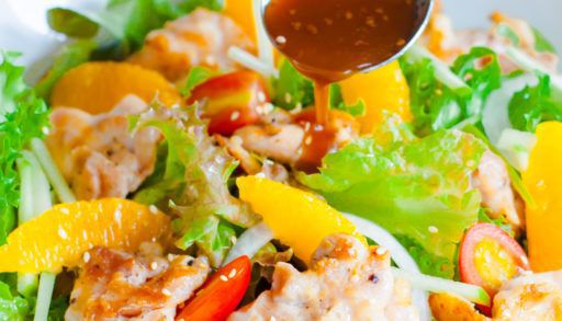 Roasted chicken salad with an orange, sesame dressing being spooned over top.