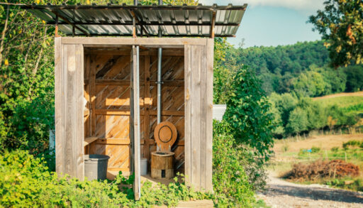 Wooden outhouse with no doors in a forest.