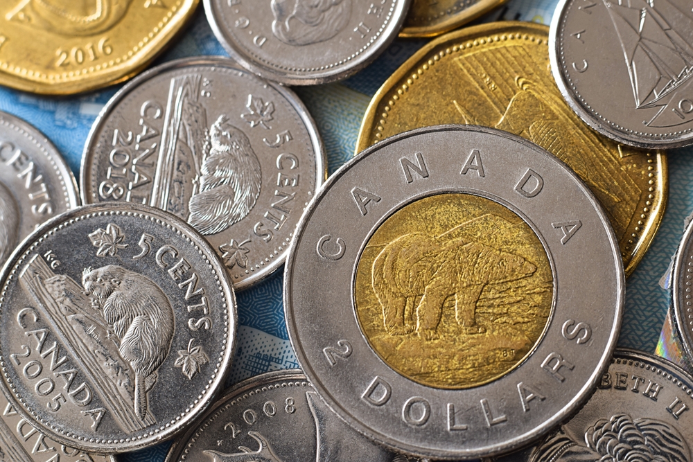 Close-up of Canadian two-dollar and five-cent coins.