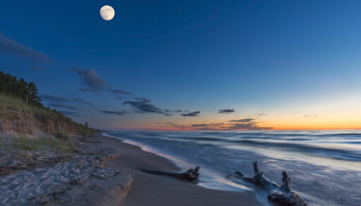View of Grand Bend beach on Lake Huron at sunset.