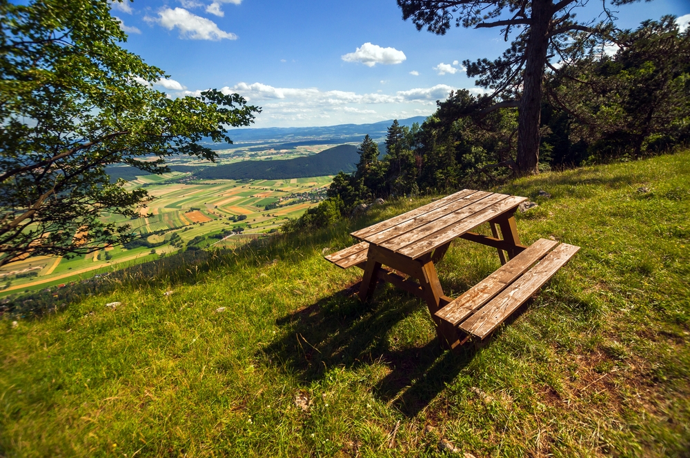 Picnic table on a hill overlooking a field.