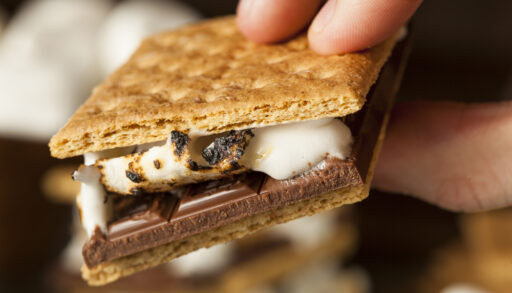 Close-up of a person holding a s'more.