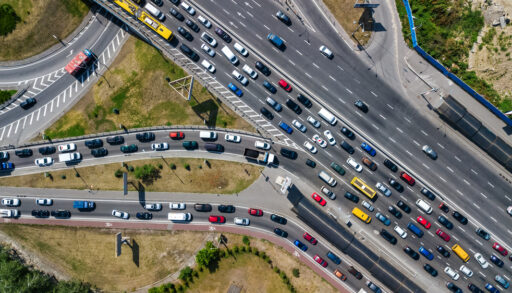 Overhead view of a busy freeway.