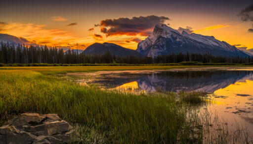 Fall sunrise over the mountains near Vermilion Lake outside Banff, Alberta.