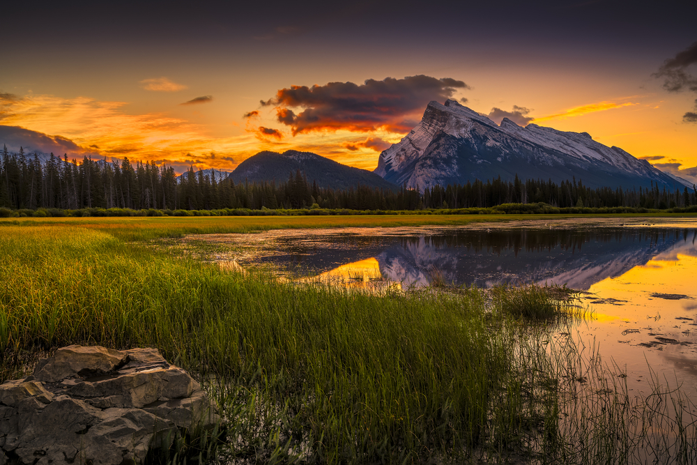 Fall sunrise over the mountains near Vermilion Lake outside Banff, Alberta.