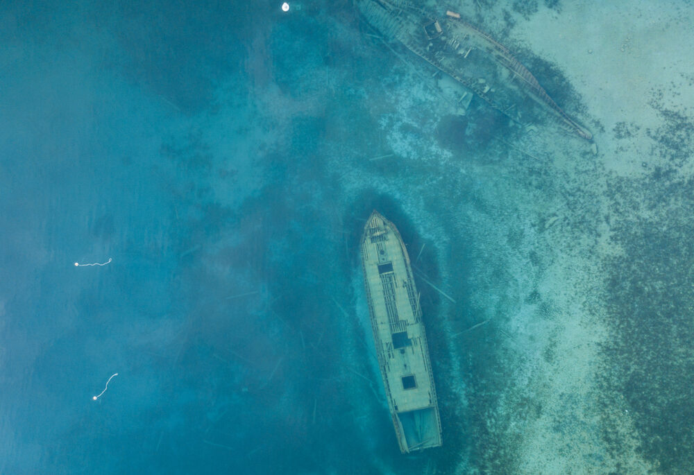 Aerial view of the sunken ship, Sweepstakes, in Tobermory.