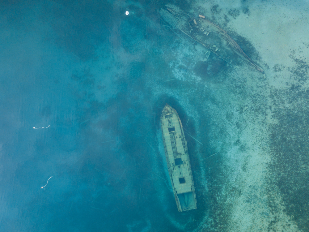 Aerial view of the sunken ship, Sweepstakes, in Tobermory.