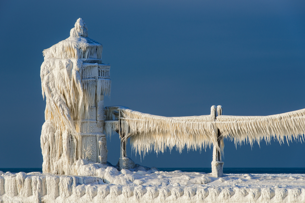 St. Joseph North Pier, Lake Michigan lighthouse covered in snow and ice.