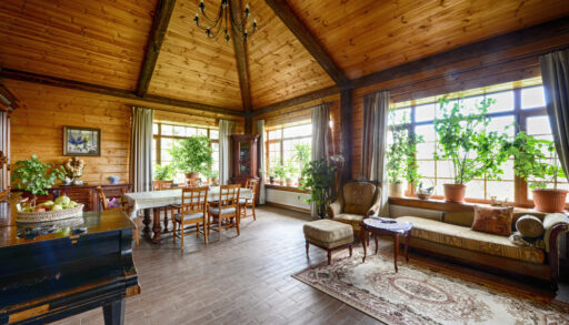 Wood-panelled interior of a living room.