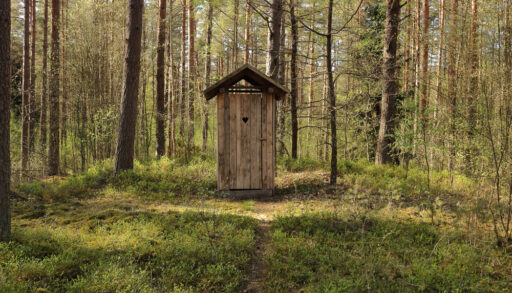 Wooden outhouse with a heart-shaped cut out in the middle of a forest.