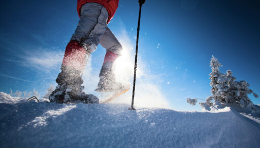 Close-up of a person's feet while wearing snowshoes and walking in the snow.