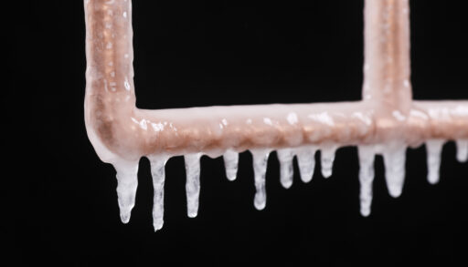Frozen copper pipe with a black background.