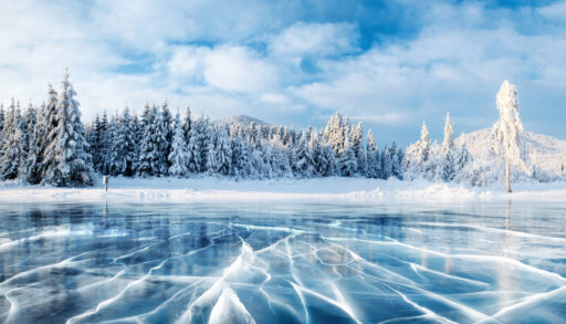 Cracks on the surface of a blue, frozen lake surrounded by snow-covered trees.