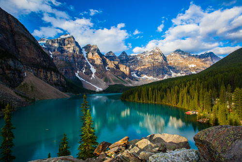 Sunrise over Moraine Lake in Banff National Park, Alberta, Canada.