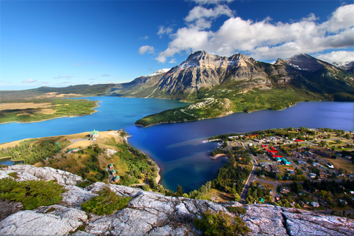 Aerial view of Waterton Lakes in Waterton National Park, Alberta, Canada.