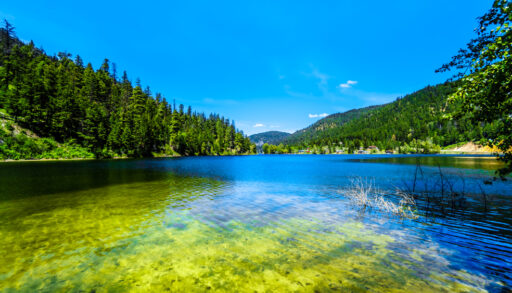 Green and blue Allison Lake near Merritt and Princeton, British Columbia.