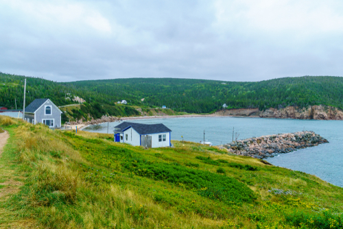 Houses along the green fields surrounding White Point Beach, Cape Breton, Nova Scotia, Canada.