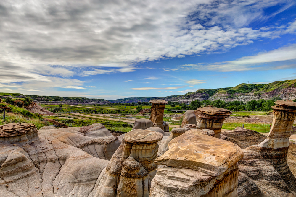 View of the hoodoo rock formations around Drumheller, Alberta, Canada.